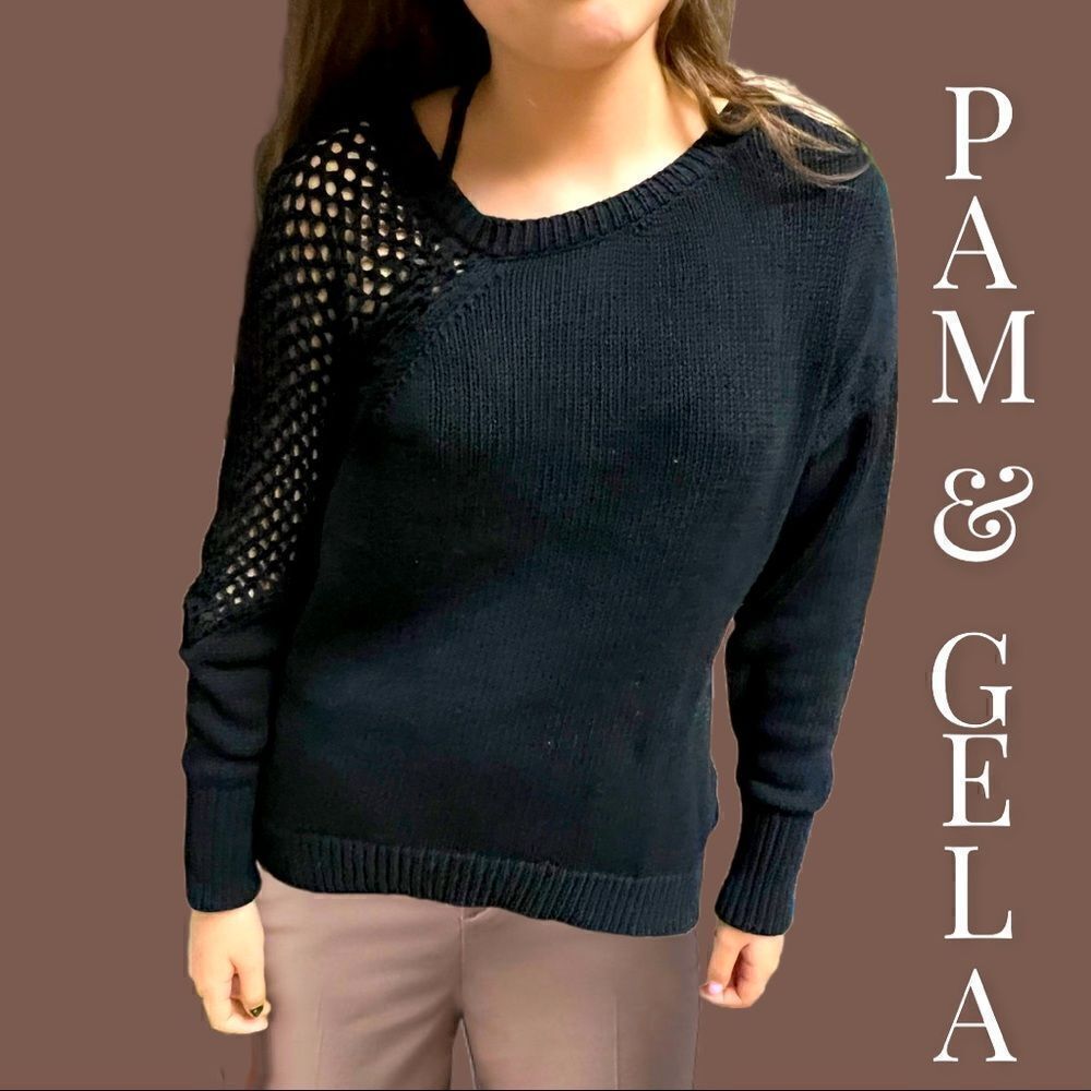 PAM & GELA Black Wool Blend Open Knit Scoop Neck Sweater Sz S Black